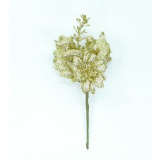 Gold Glittered Wreath Pick with Leaves, Poinsettia, Fruite and Berries (lot of 1 Bag - 12 Picks Per Bag) SALE ITEM